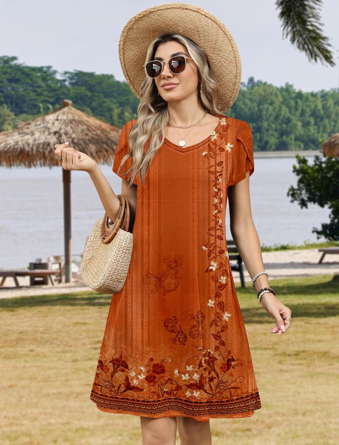 image:imageZeagoo Womens Summer ALine Dress with Pockets Mini Short Sleeve Dresses Flowy Beach Swing Dress 2026 Vacation TravelMz867