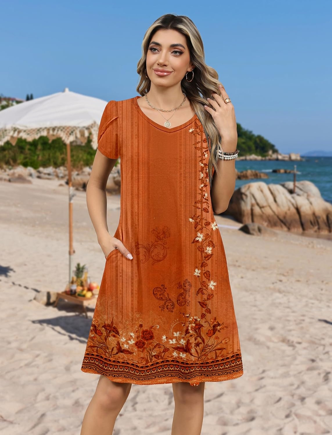 image:imageZeagoo Womens Summer ALine Dress with Pockets Mini Short Sleeve Dresses Flowy Beach Swing Dress 2026 Vacation TravelMz867