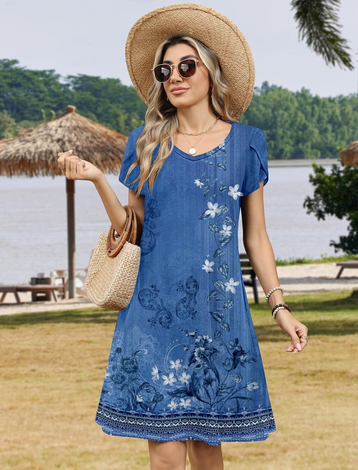 image:imageZeagoo Womens Summer ALine Dress with Pockets Mini Short Sleeve Dresses Flowy Beach Swing Dress 2026 Vacation TravelMz937