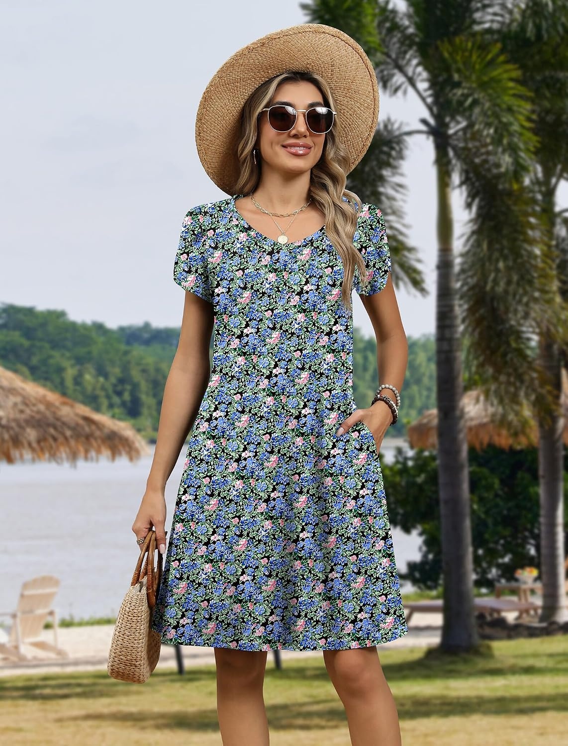 image:imageZeagoo Womens Summer ALine Dress with Pockets Mini Short Sleeve Dresses Flowy Beach Swing Dress 2026 Vacation TravelPa236