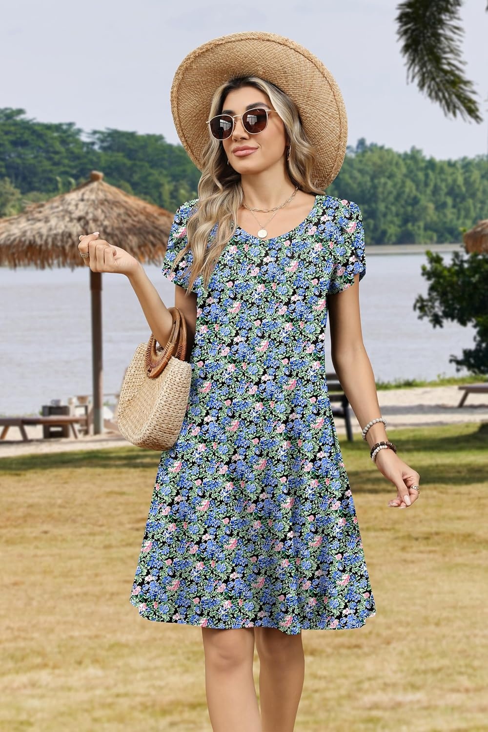 image:imageZeagoo Womens Summer ALine Dress with Pockets Mini Short Sleeve Dresses Flowy Beach Swing Dress 2026 Vacation TravelPa236
