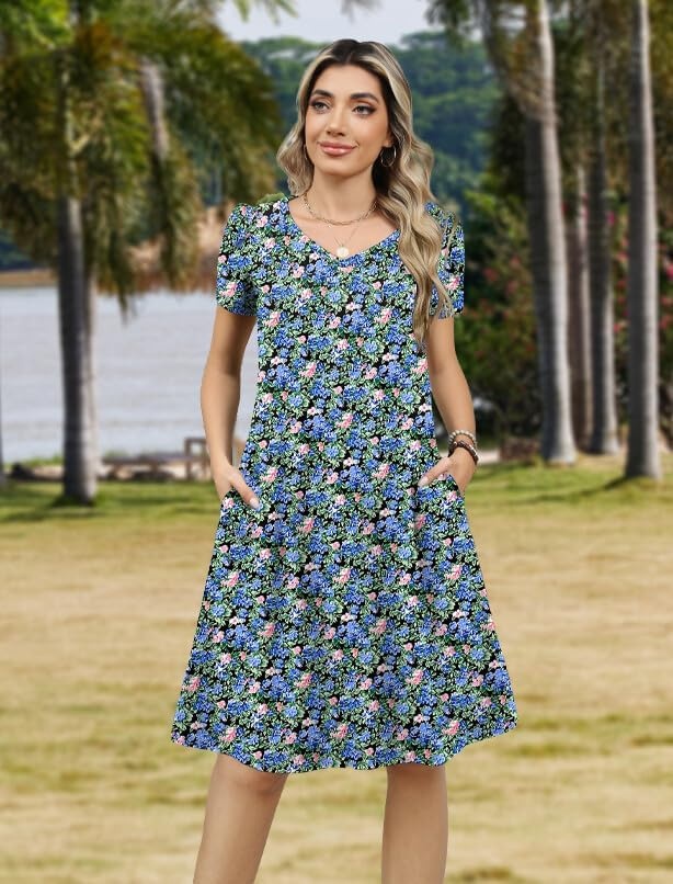 image:imageZeagoo Womens Summer ALine Dress with Pockets Mini Short Sleeve Dresses Flowy Beach Swing Dress 2026 Vacation TravelPa236