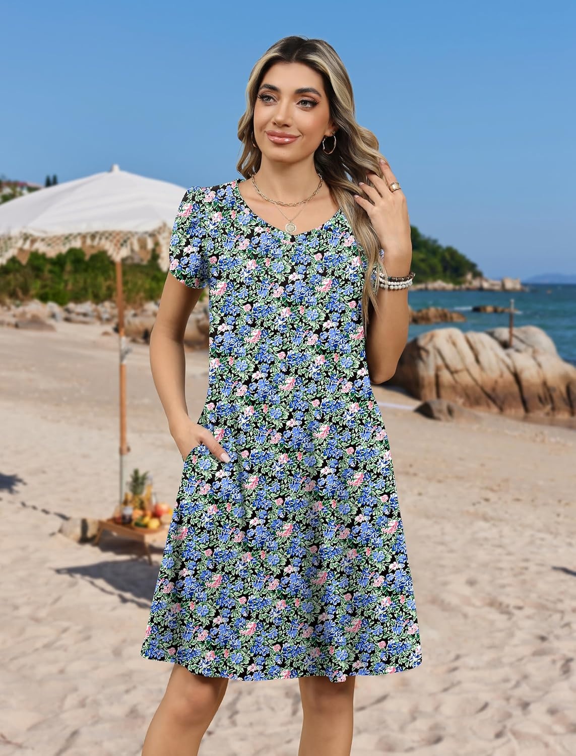image:imageZeagoo Womens Summer ALine Dress with Pockets Mini Short Sleeve Dresses Flowy Beach Swing Dress 2026 Vacation TravelPa236
