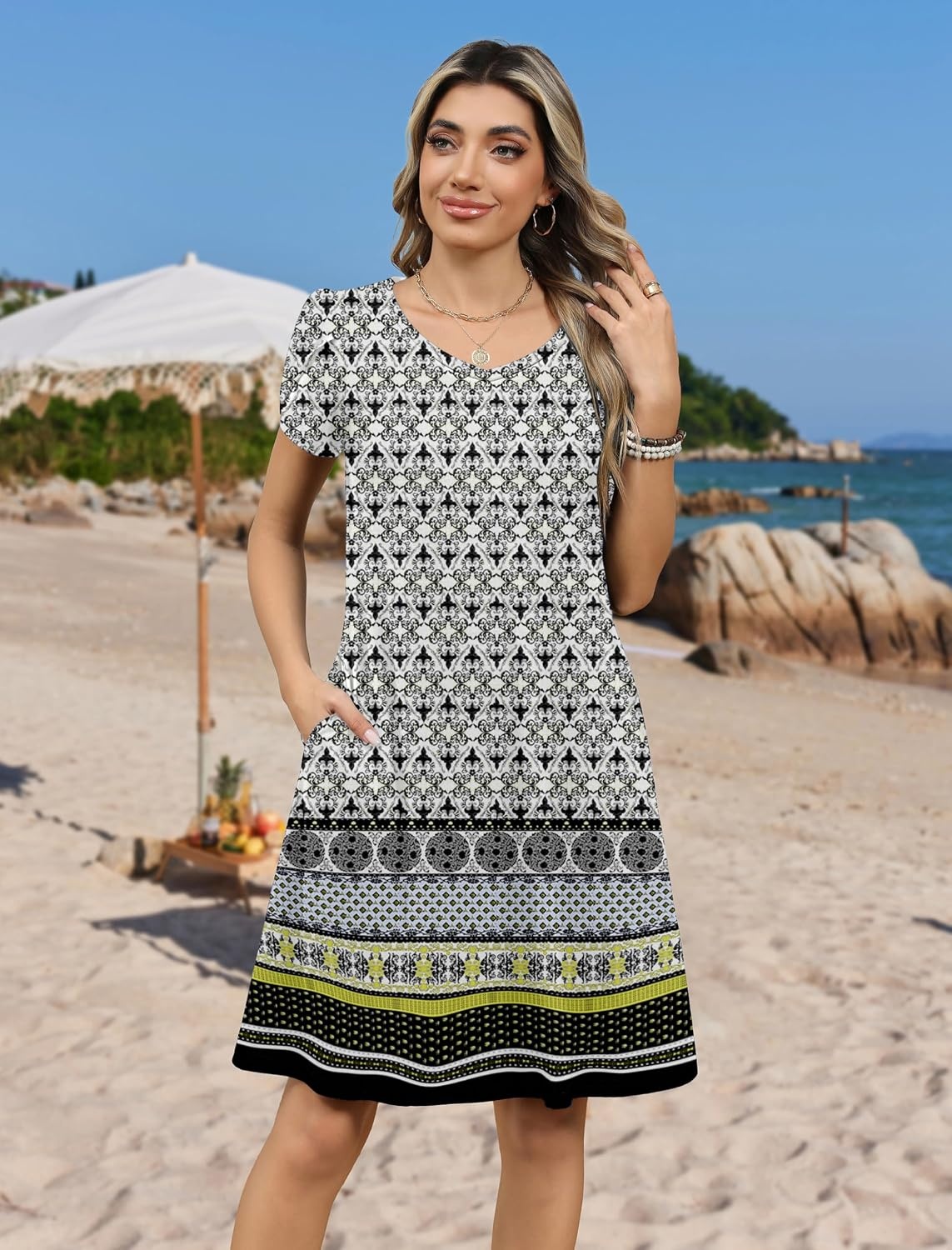 image:imageZeagoo Womens Summer ALine Dress with Pockets Mini Short Sleeve Dresses Flowy Beach Swing Dress 2026 Vacation TravelPa26