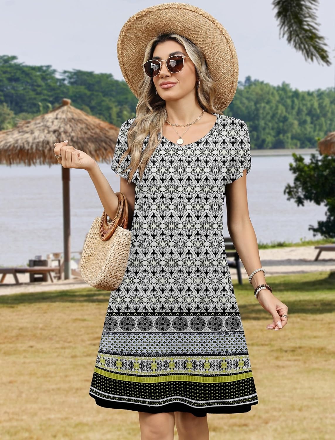 image:imageZeagoo Womens Summer ALine Dress with Pockets Mini Short Sleeve Dresses Flowy Beach Swing Dress 2026 Vacation TravelPa26