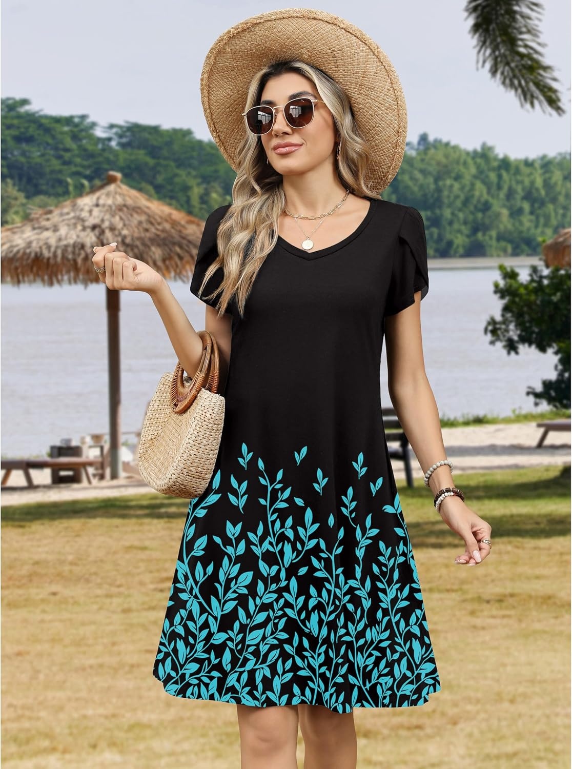 image:imageZeagoo Womens Summer ALine Dress with Pockets Mini Short Sleeve Dresses Flowy Beach Swing Dress 2026 Vacation TravelPa355