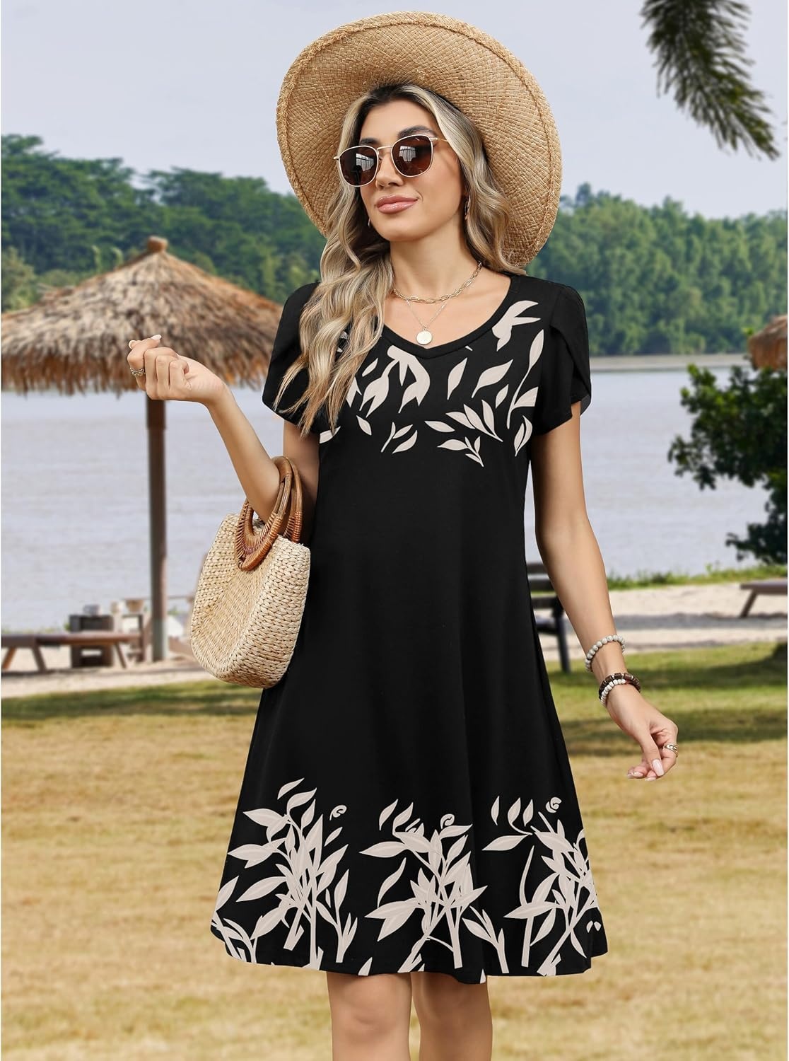 image:imageZeagoo Womens Summer ALine Dress with Pockets Mini Short Sleeve Dresses Flowy Beach Swing Dress 2026 Vacation TravelPa356
