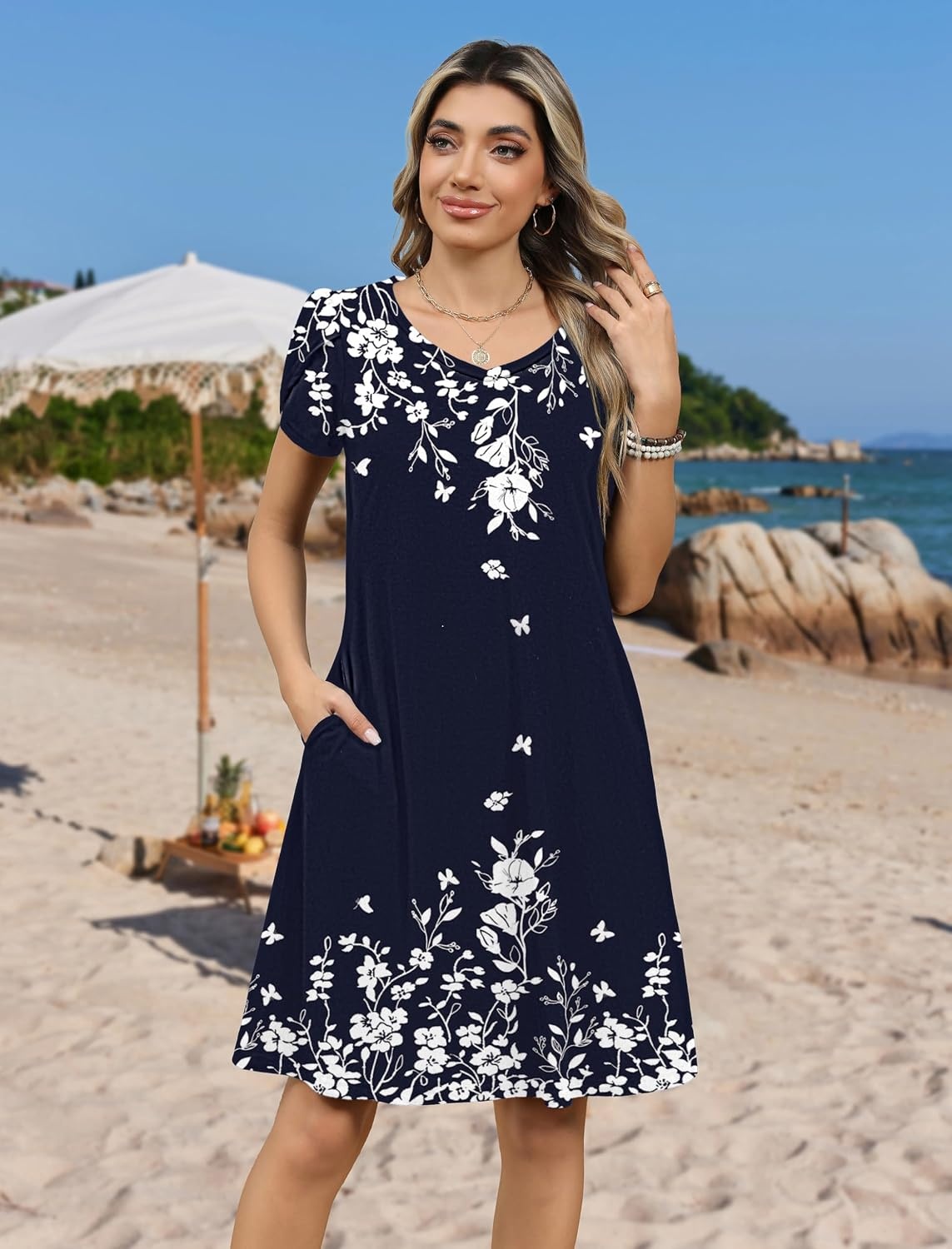 image:imageZeagoo Womens Summer ALine Dress with Pockets Mini Short Sleeve Dresses Flowy Beach Swing Dress 2026 Vacation TravelSf103