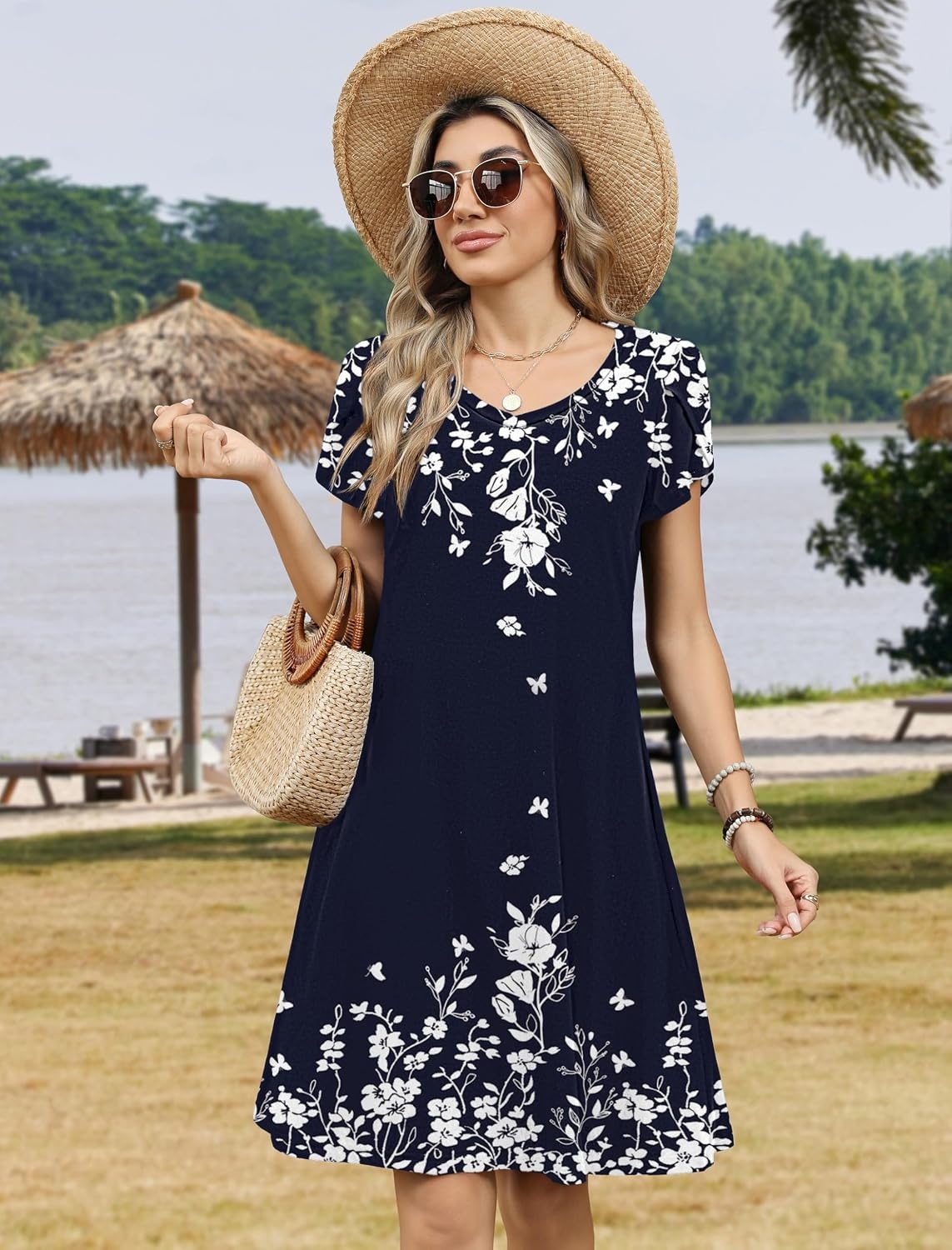 image:imageZeagoo Womens Summer ALine Dress with Pockets Mini Short Sleeve Dresses Flowy Beach Swing Dress 2026 Vacation TravelSf103