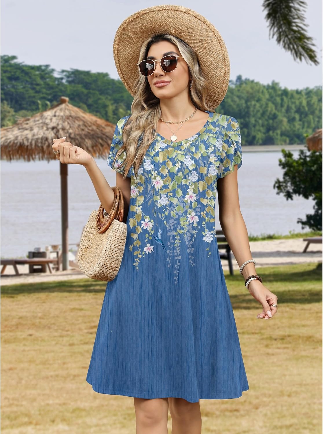 image:imageZeagoo Womens Summer ALine Dress with Pockets Mini Short Sleeve Dresses Flowy Beach Swing Dress 2026 Vacation TravelSf233