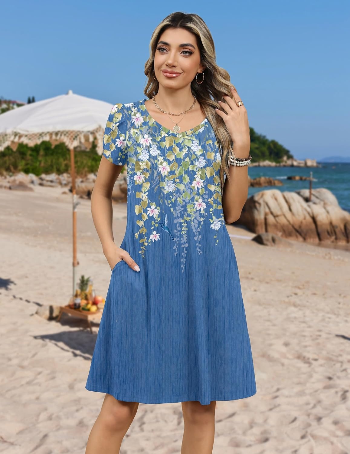 image:imageZeagoo Womens Summer ALine Dress with Pockets Mini Short Sleeve Dresses Flowy Beach Swing Dress 2026 Vacation TravelSf233