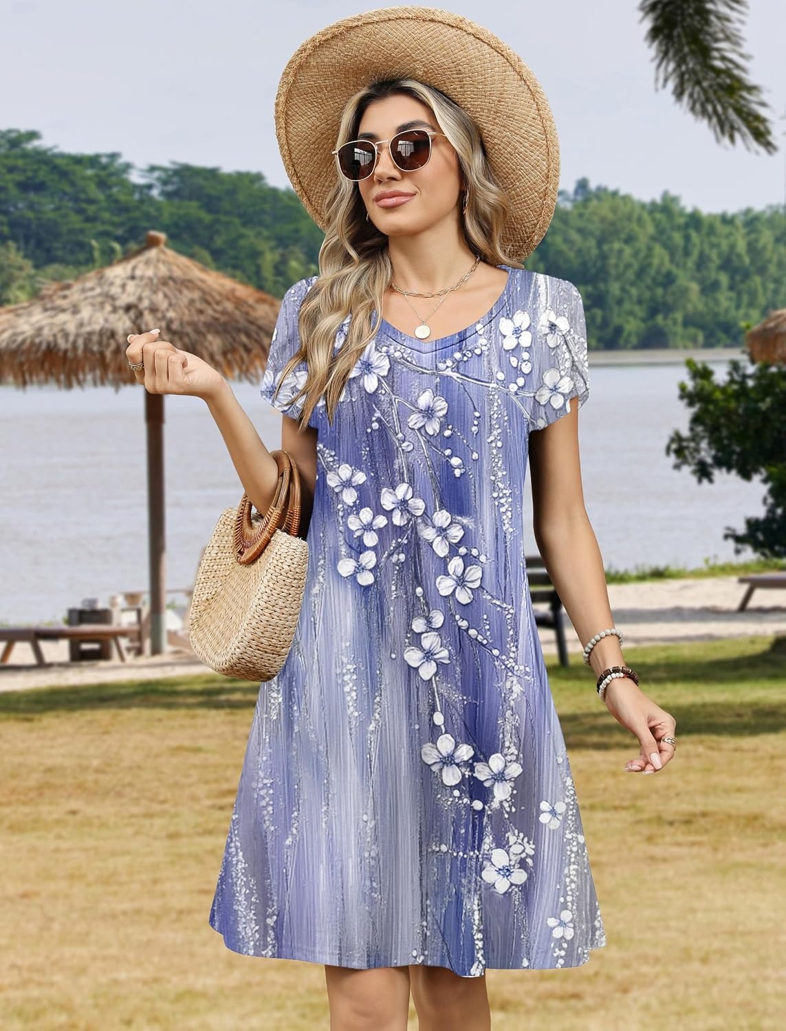 image:imageZeagoo Womens Summer ALine Dress with Pockets Mini Short Sleeve Dresses Flowy Beach Swing Dress 2026 Vacation TravelSf307
