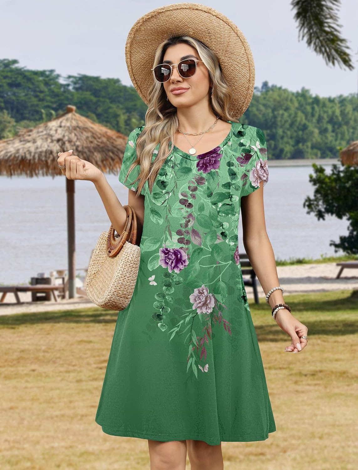 image:imageZeagoo Womens Summer ALine Dress with Pockets Mini Short Sleeve Dresses Flowy Beach Swing Dress 2026 Vacation TravelWf141
