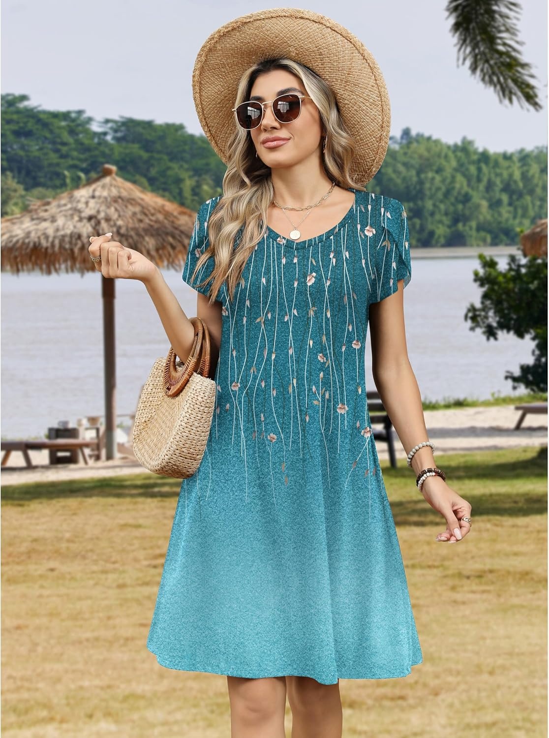 image:imageZeagoo Womens Summer ALine Dress with Pockets Mini Short Sleeve Dresses Flowy Beach Swing Dress 2026 Vacation TravelXh363