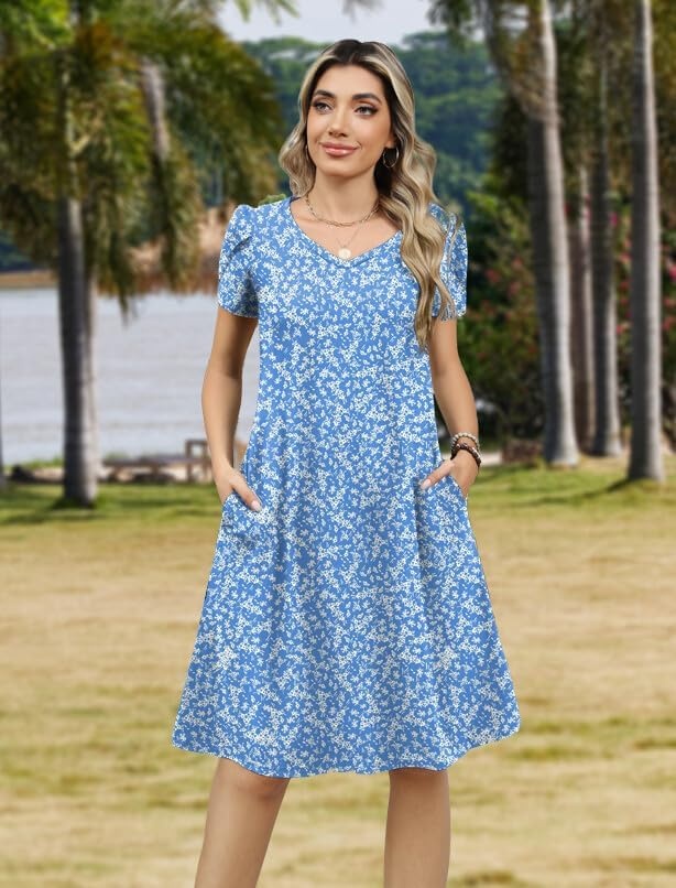 image:imageZeagoo Womens Summer ALine Dress with Pockets Mini Short Sleeve Dresses Flowy Beach Swing Dress 2026 Vacation TravelXh41