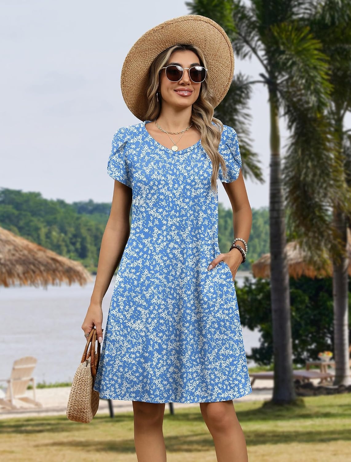 image:imageZeagoo Womens Summer ALine Dress with Pockets Mini Short Sleeve Dresses Flowy Beach Swing Dress 2026 Vacation TravelXh41