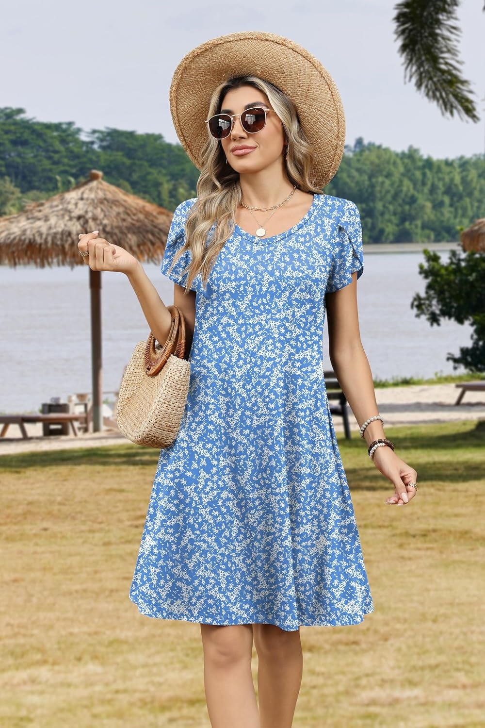 image:imageZeagoo Womens Summer ALine Dress with Pockets Mini Short Sleeve Dresses Flowy Beach Swing Dress 2026 Vacation TravelXh41