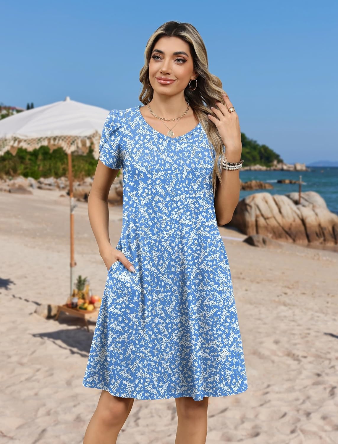 image:imageZeagoo Womens Summer ALine Dress with Pockets Mini Short Sleeve Dresses Flowy Beach Swing Dress 2026 Vacation TravelXh41
