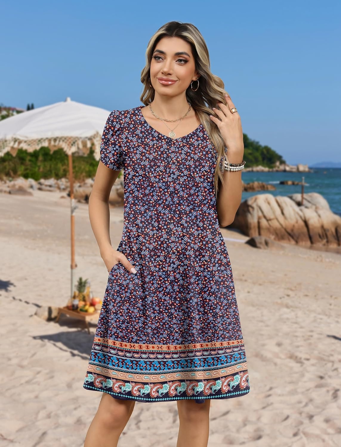 image:imageZeagoo Womens Summer ALine Dress with Pockets Mini Short Sleeve Dresses Flowy Beach Swing Dress 2026 Vacation TravelXh411