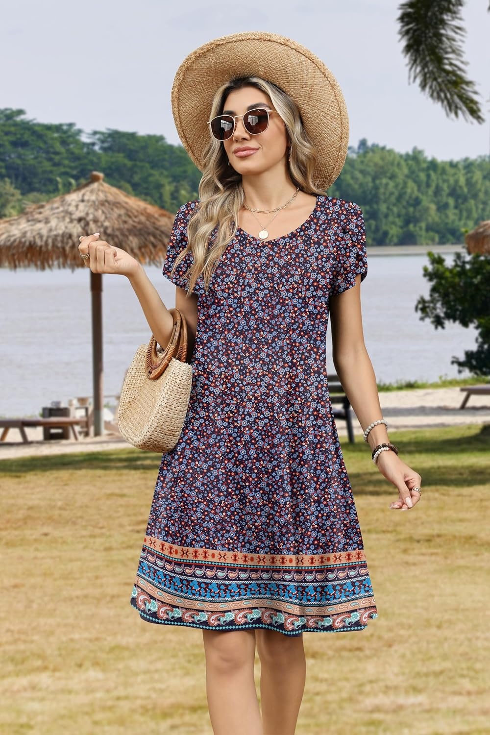image:imageZeagoo Womens Summer ALine Dress with Pockets Mini Short Sleeve Dresses Flowy Beach Swing Dress 2026 Vacation TravelXh411