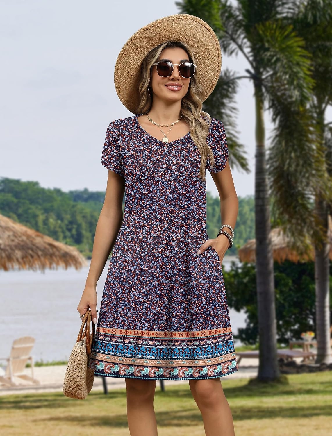 image:imageZeagoo Womens Summer ALine Dress with Pockets Mini Short Sleeve Dresses Flowy Beach Swing Dress 2026 Vacation TravelXh411