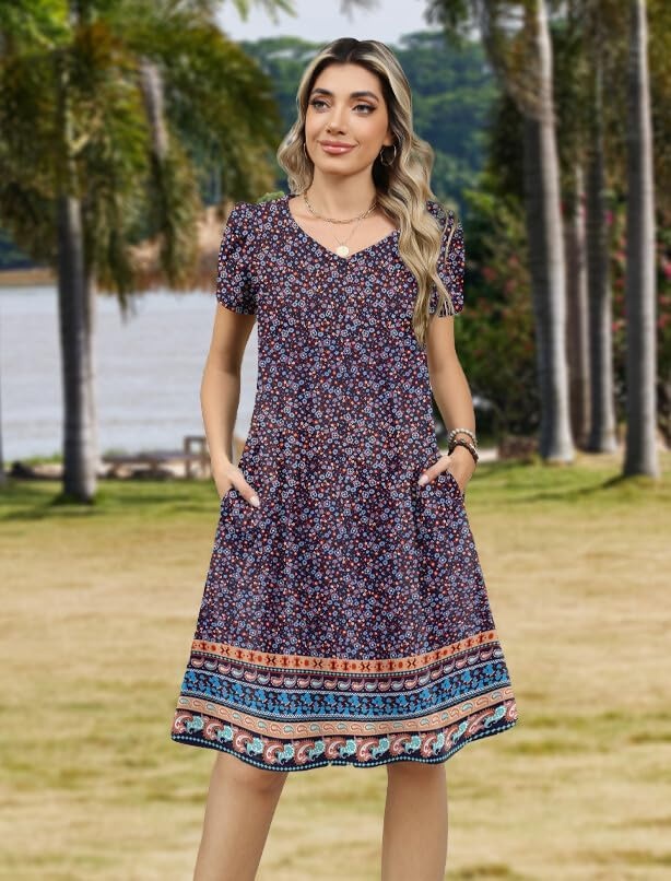 image:imageZeagoo Womens Summer ALine Dress with Pockets Mini Short Sleeve Dresses Flowy Beach Swing Dress 2026 Vacation TravelXh411