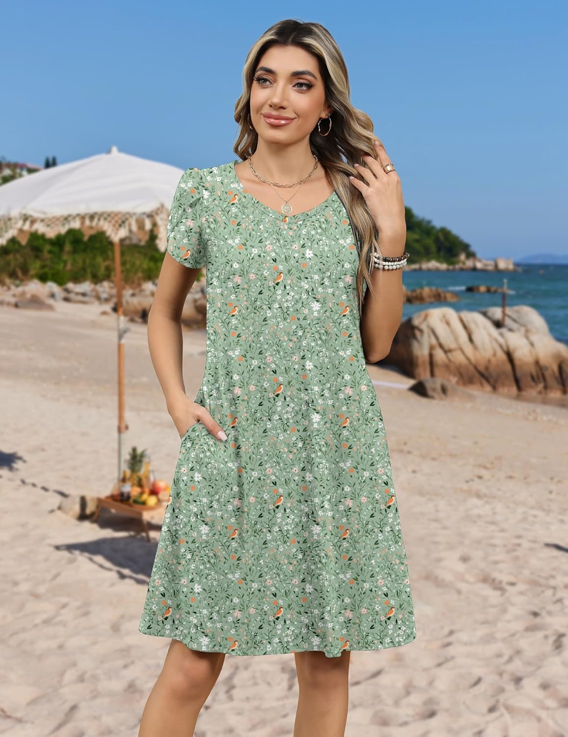 image:imageZeagoo Womens Summer ALine Dress with Pockets Mini Short Sleeve Dresses Flowy Beach Swing Dress 2026 Vacation TravelXh534