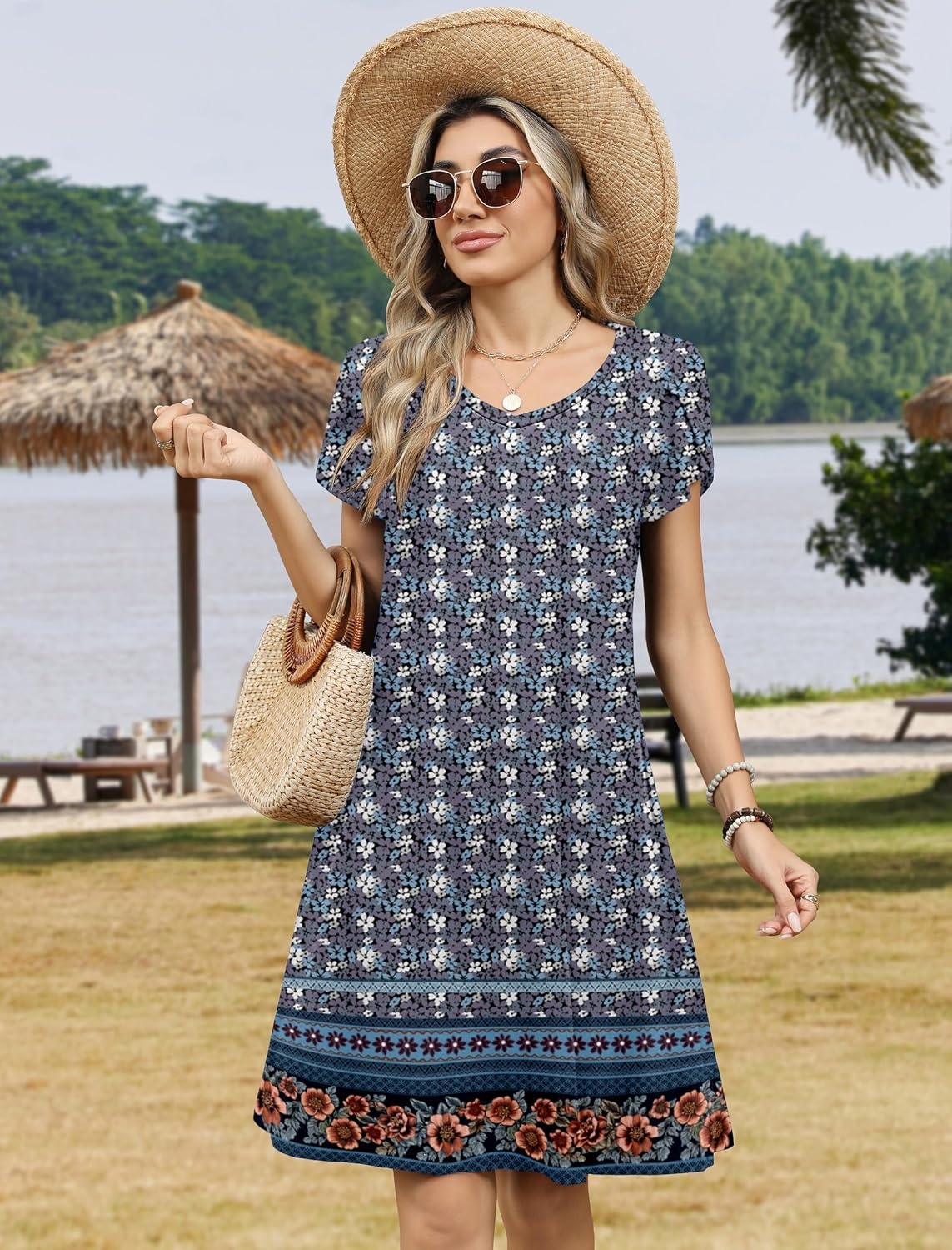 image:imageZeagoo Womens Summer ALine Dress with Pockets Mini Short Sleeve Dresses Flowy Beach Swing Dress 2026 Vacation TravelXh547