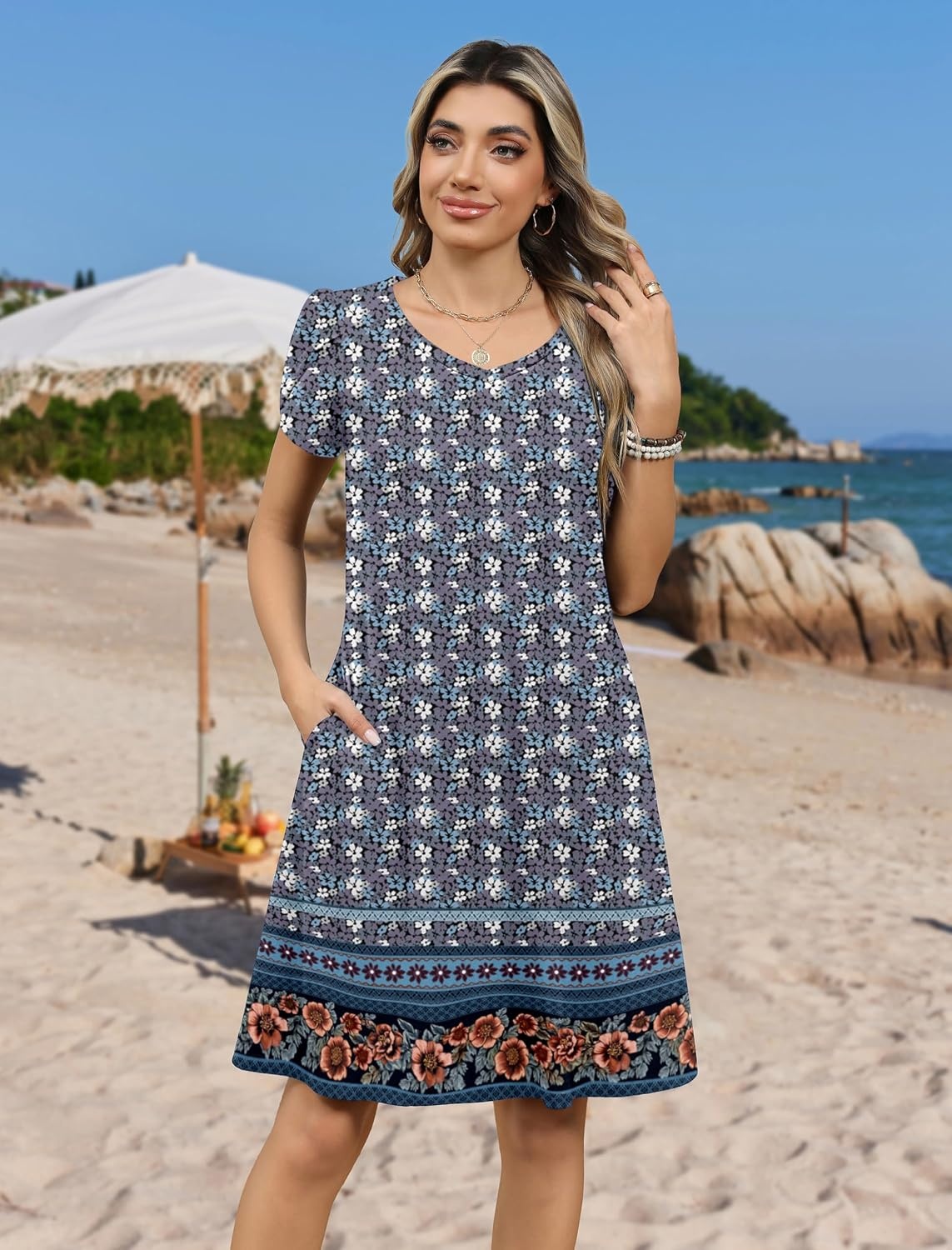 image:imageZeagoo Womens Summer ALine Dress with Pockets Mini Short Sleeve Dresses Flowy Beach Swing Dress 2026 Vacation TravelXh547