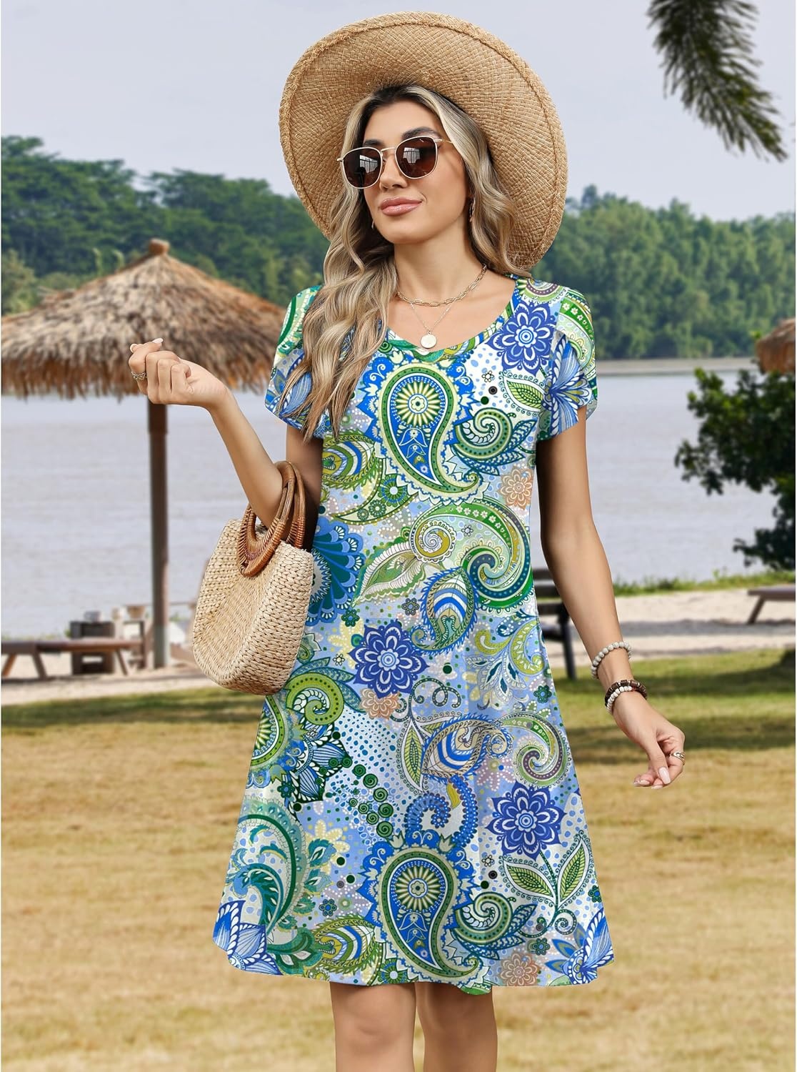 image:imageZeagoo Womens Summer ALine Dress with Pockets Mini Short Sleeve Dresses Flowy Beach Swing Dress 2026 Vacation TravelYg2