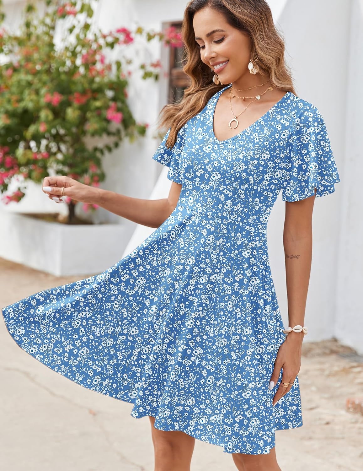 image:imageZeagoo Womens Summer Dress Casual Swing Sundresses Floral Ruffle Short Sleeve Wedding Guest Dress Beach Mini Dress 202601light Blue Floral