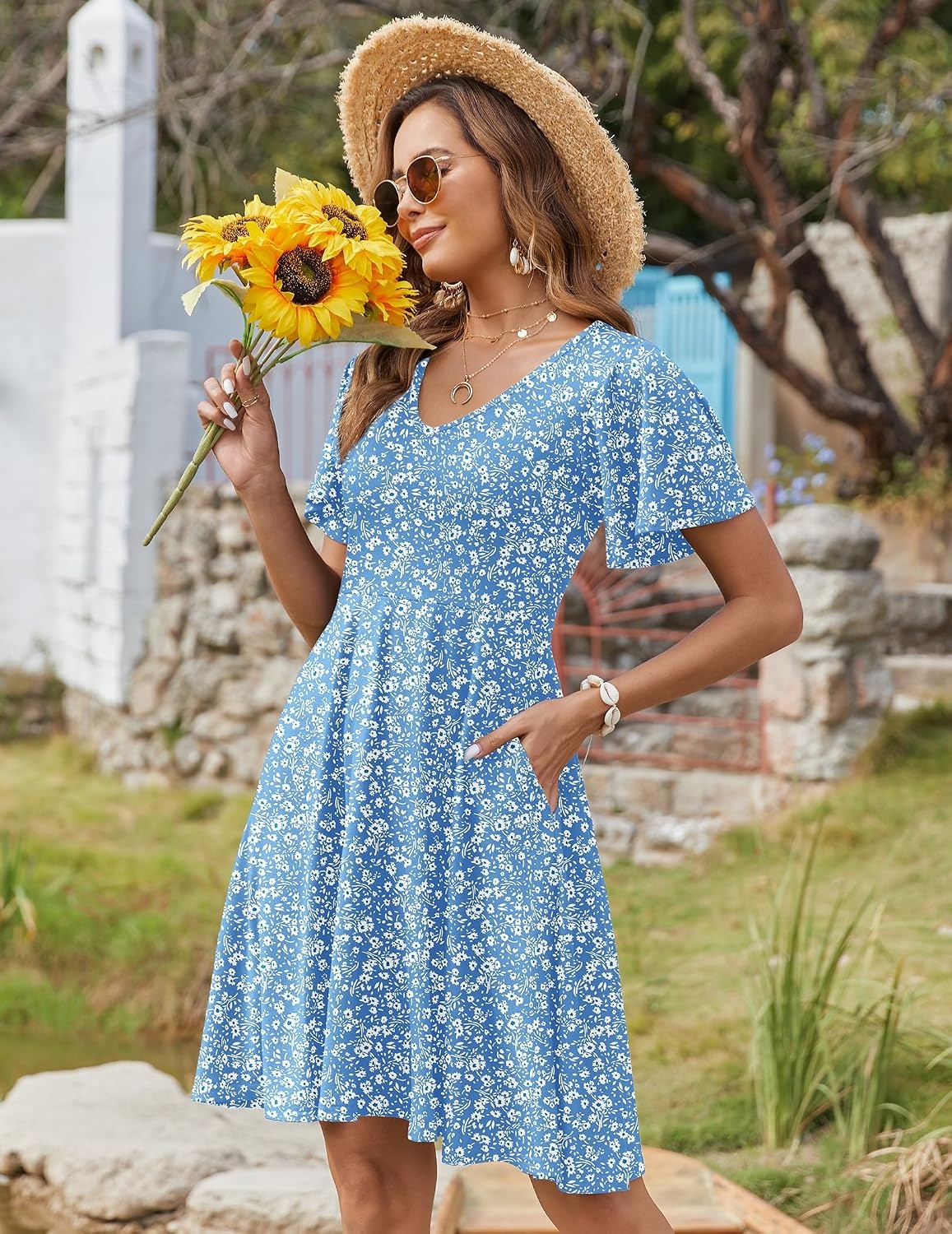 image:imageZeagoo Womens Summer Dress Casual Swing Sundresses Floral Ruffle Short Sleeve Wedding Guest Dress Beach Mini Dress 202601light Blue Floral