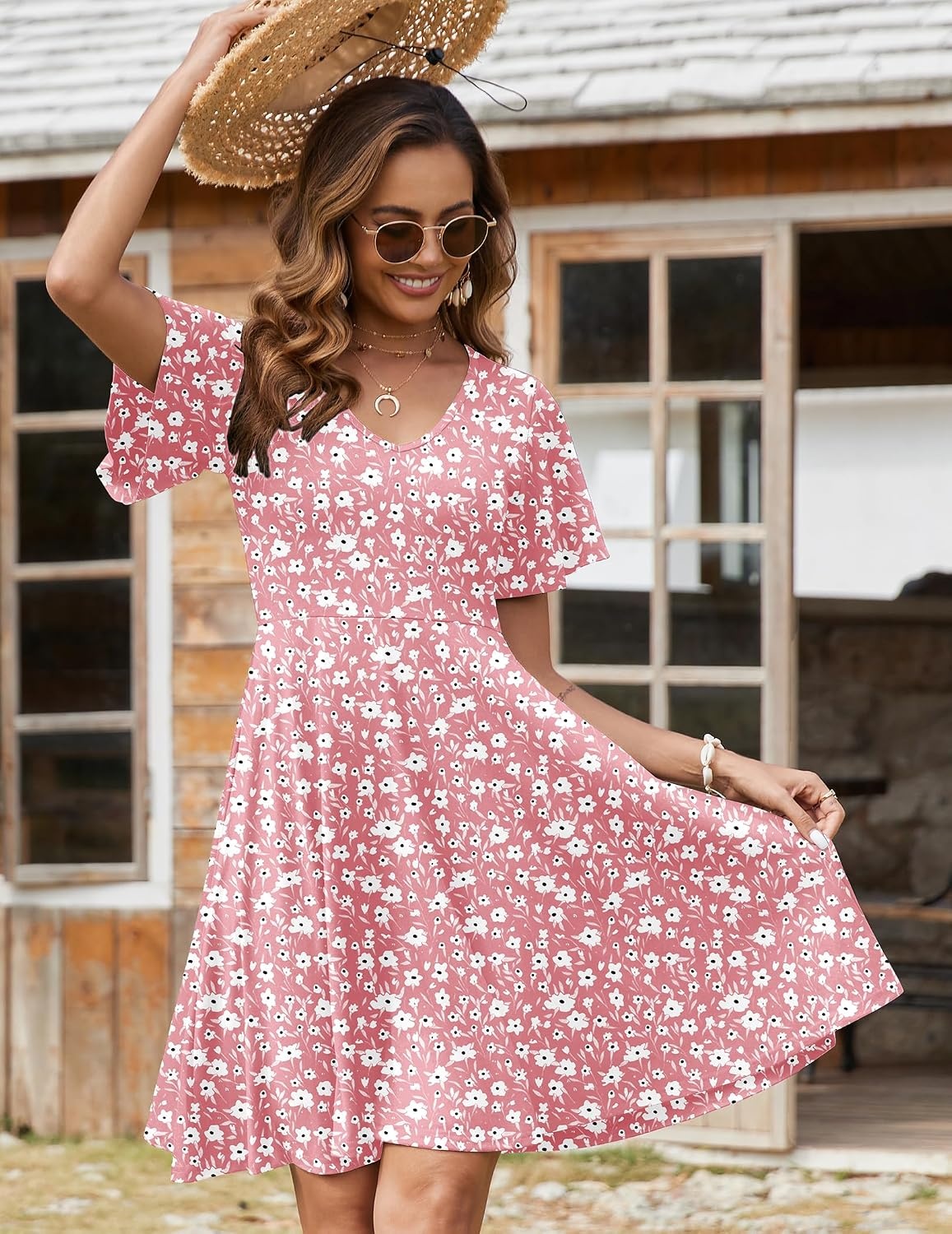 image:imageZeagoo Womens Summer Dress Casual Swing Sundresses Floral Ruffle Short Sleeve Wedding Guest Dress Beach Mini Dress 202602pink Floral