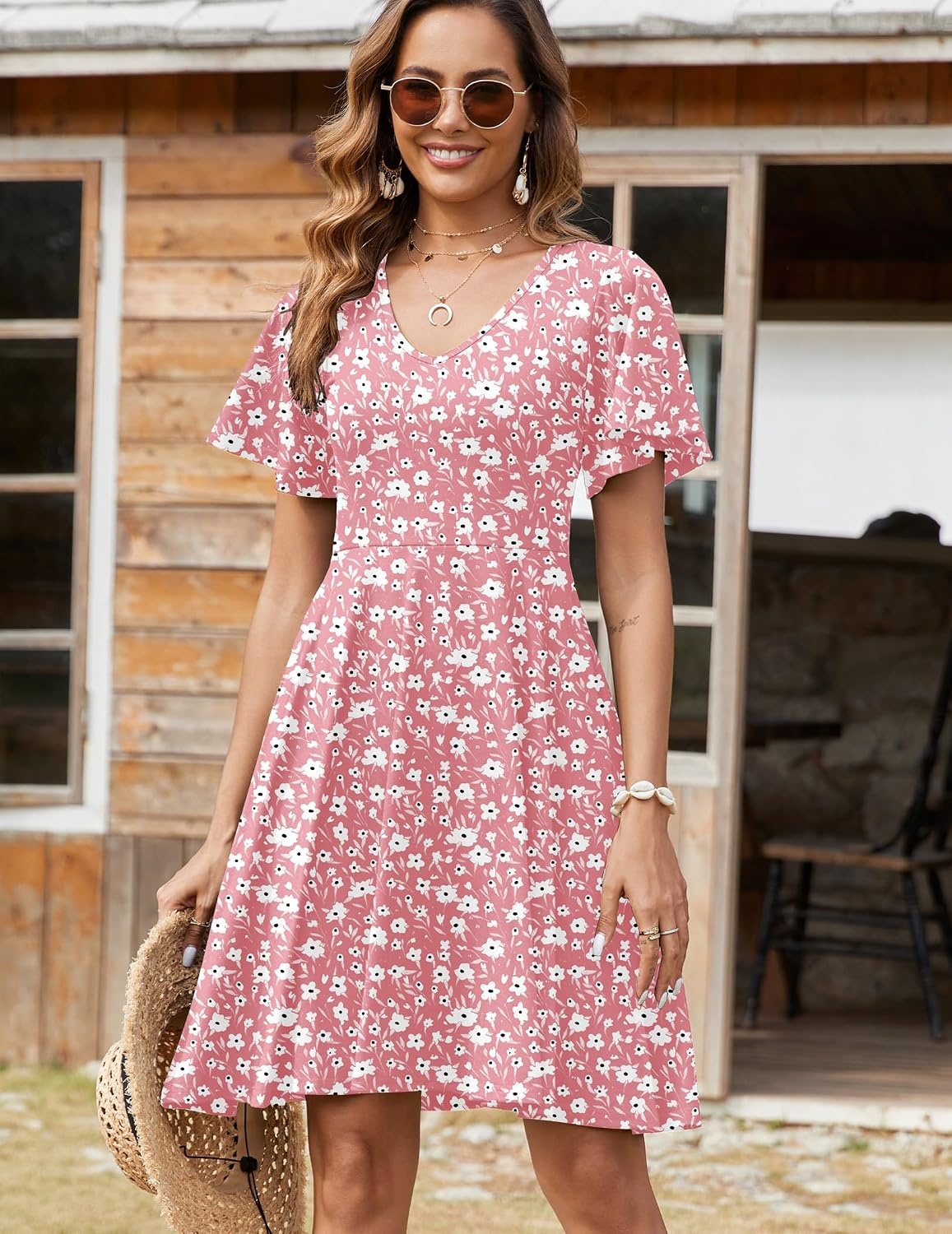 image:imageZeagoo Womens Summer Dress Casual Swing Sundresses Floral Ruffle Short Sleeve Wedding Guest Dress Beach Mini Dress 202602pink Floral
