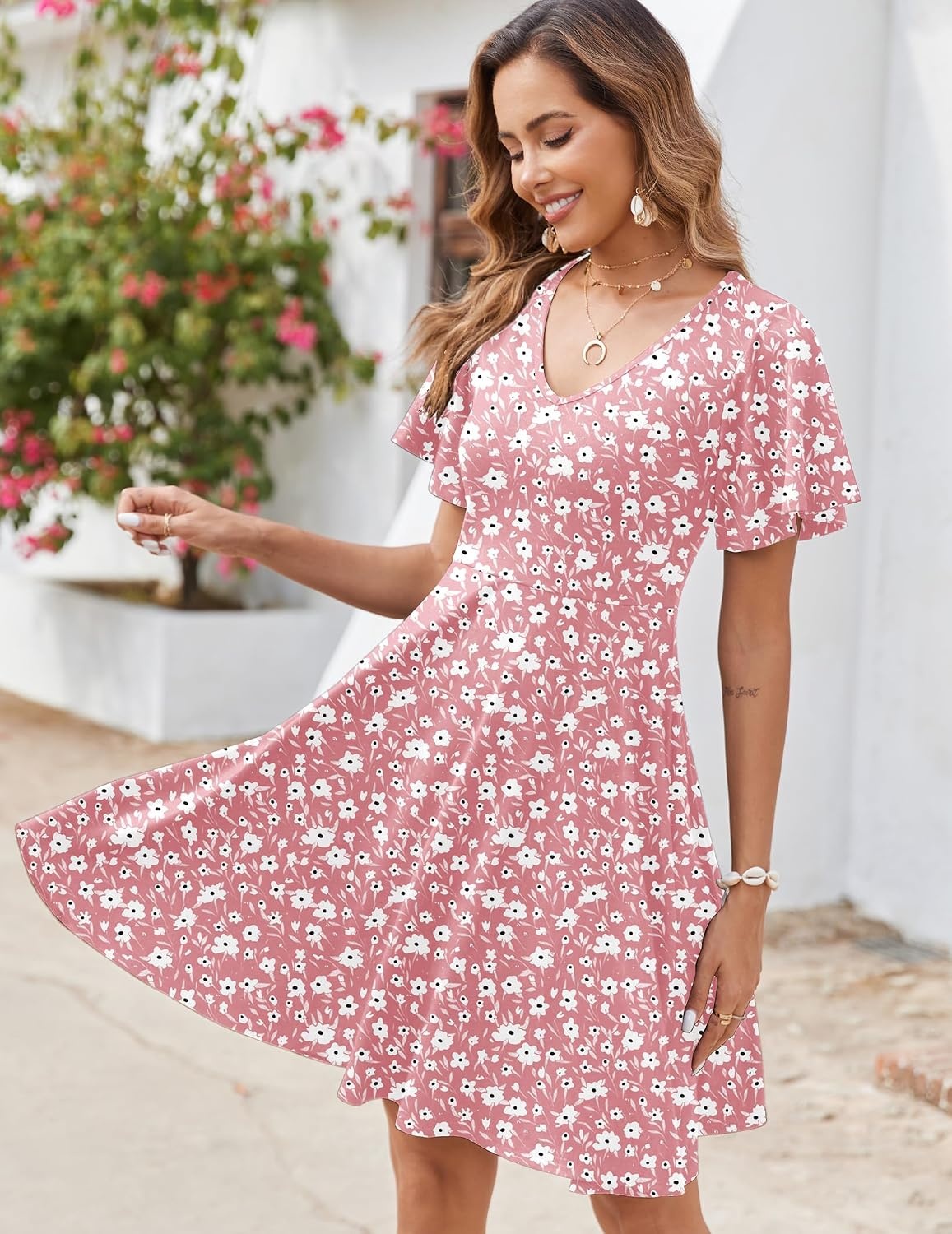 image:imageZeagoo Womens Summer Dress Casual Swing Sundresses Floral Ruffle Short Sleeve Wedding Guest Dress Beach Mini Dress 202602pink Floral