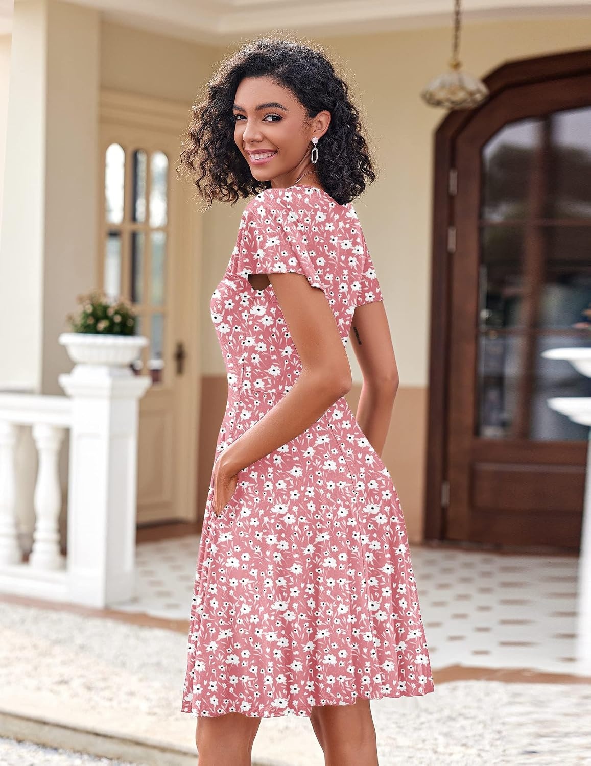 image:imageZeagoo Womens Summer Dress Casual Swing Sundresses Floral Ruffle Short Sleeve Wedding Guest Dress Beach Mini Dress 202602pink Floral