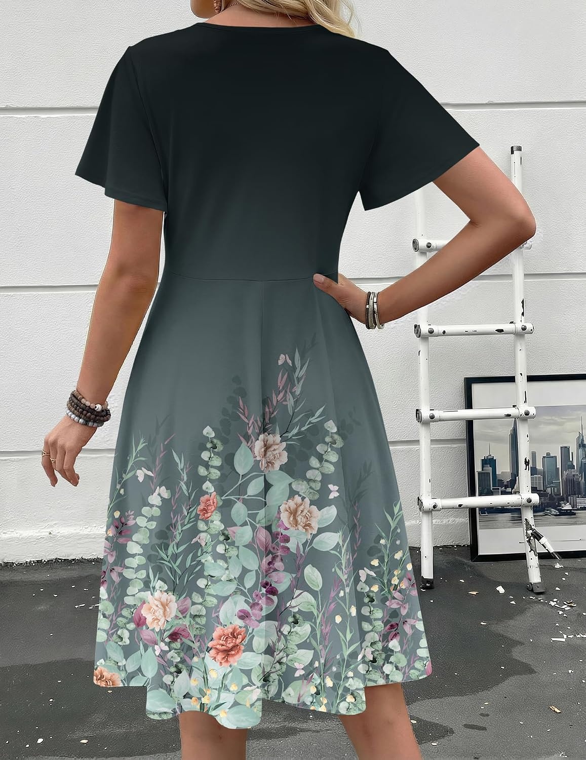 image:imageZeagoo Womens Summer Dress Casual Swing Sundresses Floral Ruffle Short Sleeve Wedding Guest Dress Beach Mini Dress 202603gray Green