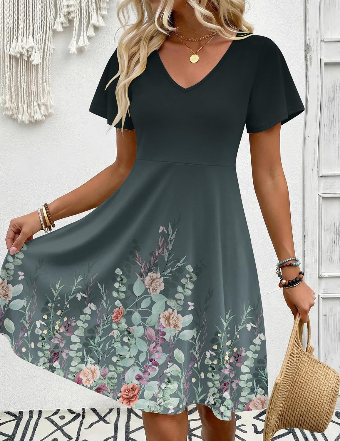 image:imageZeagoo Womens Summer Dress Casual Swing Sundresses Floral Ruffle Short Sleeve Wedding Guest Dress Beach Mini Dress 202603gray Green