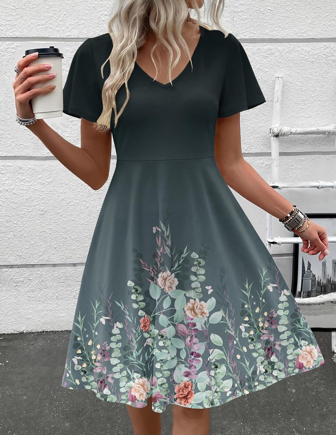 image:imageZeagoo Womens Summer Dress Casual Swing Sundresses Floral Ruffle Short Sleeve Wedding Guest Dress Beach Mini Dress 202603gray Green