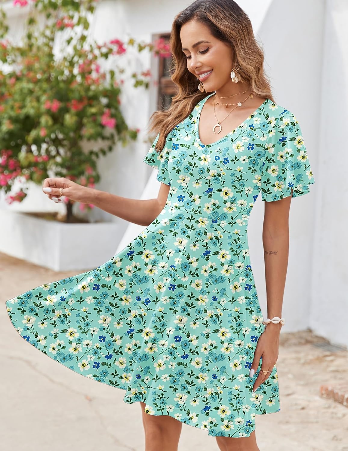 image:imageZeagoo Womens Summer Dress Casual Swing Sundresses Floral Ruffle Short Sleeve Wedding Guest Dress Beach Mini Dress 2026A01blue White Floral