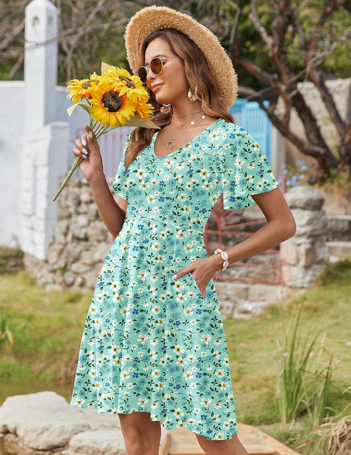 image:imageZeagoo Womens Summer Dress Casual Swing Sundresses Floral Ruffle Short Sleeve Wedding Guest Dress Beach Mini Dress 2026A01blue White Floral