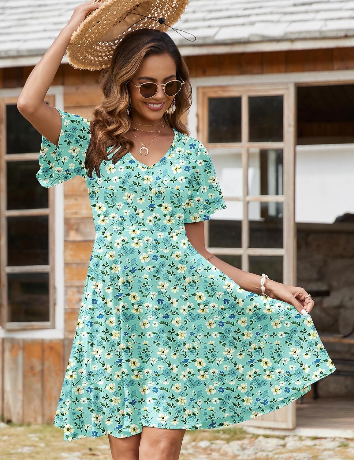 image:imageZeagoo Womens Summer Dress Casual Swing Sundresses Floral Ruffle Short Sleeve Wedding Guest Dress Beach Mini Dress 2026A01blue White Floral