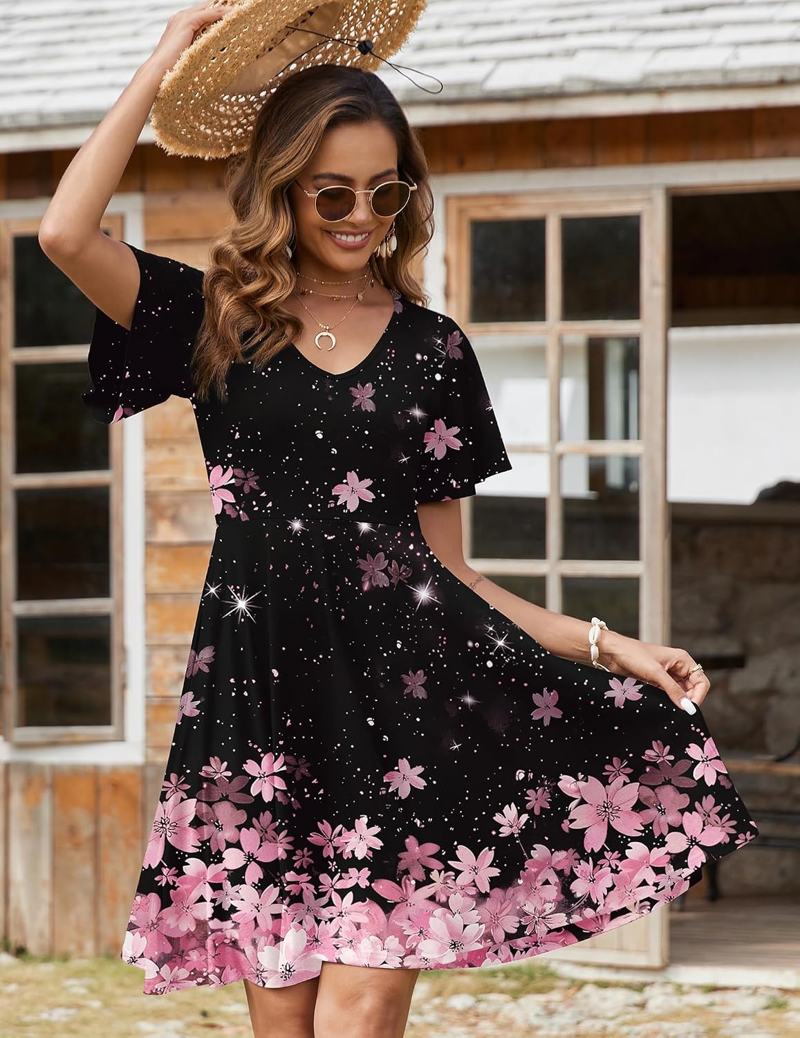 image:imageZeagoo Womens Summer Dress Casual Swing Sundresses Floral Ruffle Short Sleeve Wedding Guest Dress Beach Mini Dress 2026A02pink Black Floral