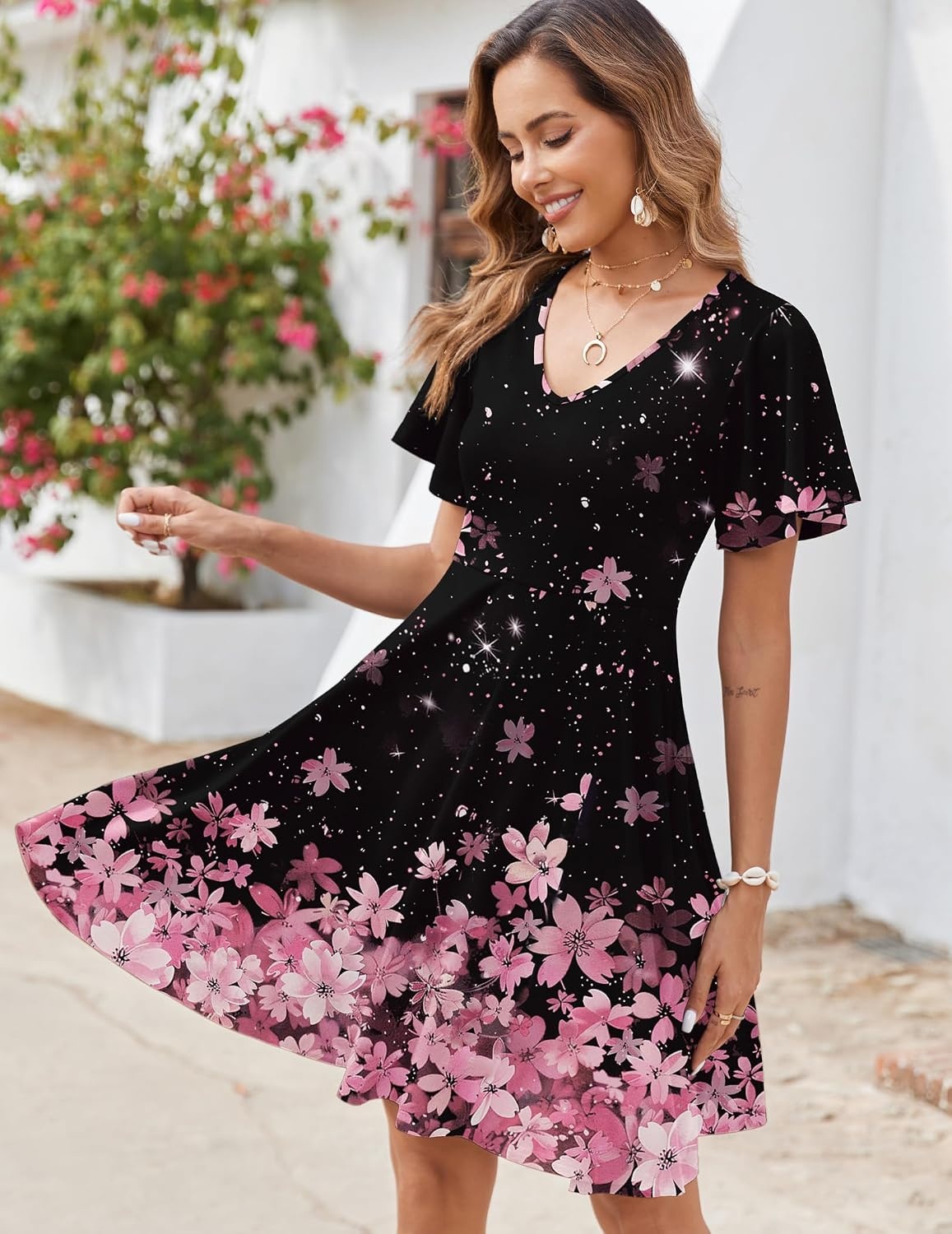 image:imageZeagoo Womens Summer Dress Casual Swing Sundresses Floral Ruffle Short Sleeve Wedding Guest Dress Beach Mini Dress 2026A02pink Black Floral
