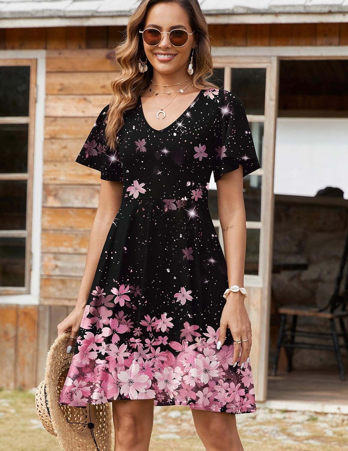 image:imageZeagoo Womens Summer Dress Casual Swing Sundresses Floral Ruffle Short Sleeve Wedding Guest Dress Beach Mini Dress 2026A02pink Black Floral