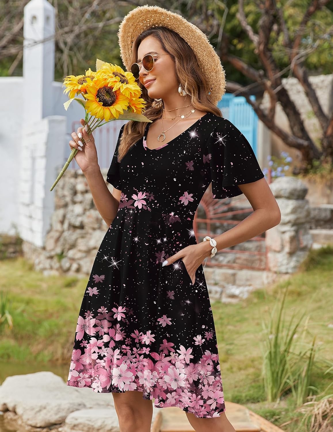 image:imageZeagoo Womens Summer Dress Casual Swing Sundresses Floral Ruffle Short Sleeve Wedding Guest Dress Beach Mini Dress 2026A02pink Black Floral