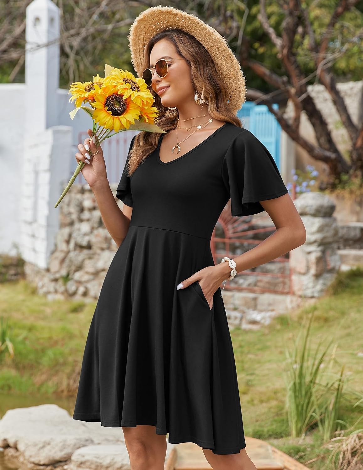 image:imageZeagoo Womens Summer Dress Casual Swing Sundresses Floral Ruffle Short Sleeve Wedding Guest Dress Beach Mini Dress 2026Black