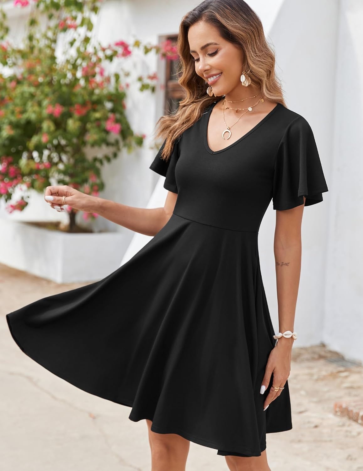 image:imageZeagoo Womens Summer Dress Casual Swing Sundresses Floral Ruffle Short Sleeve Wedding Guest Dress Beach Mini Dress 2026Black