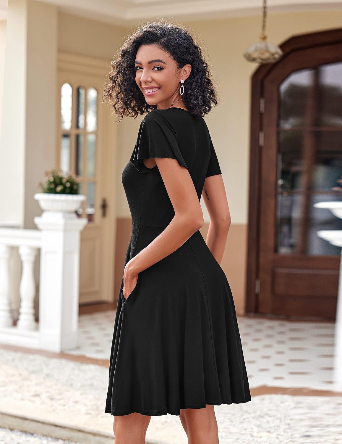 image:imageZeagoo Womens Summer Dress Casual Swing Sundresses Floral Ruffle Short Sleeve Wedding Guest Dress Beach Mini Dress 2026Black