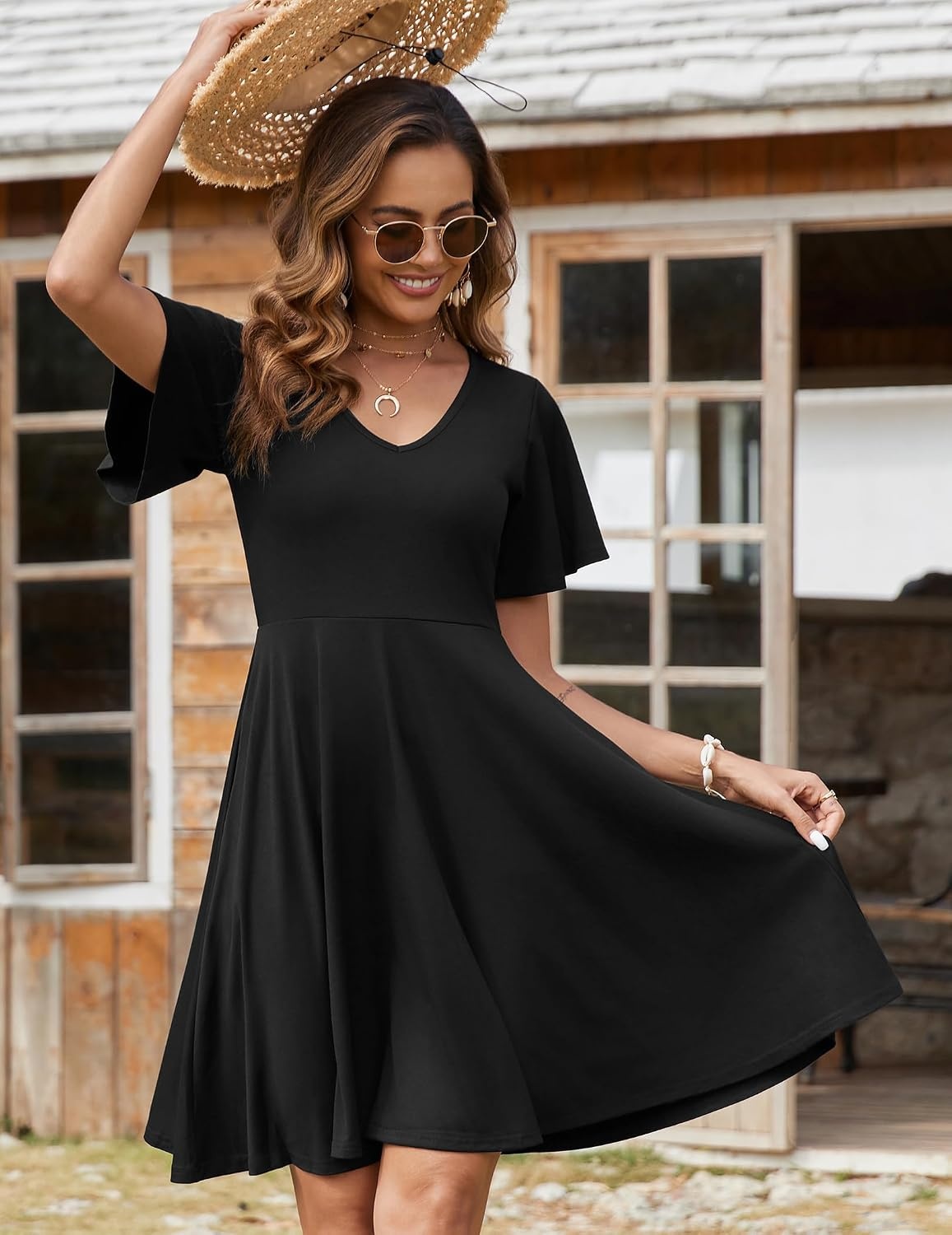 image:imageZeagoo Womens Summer Dress Casual Swing Sundresses Floral Ruffle Short Sleeve Wedding Guest Dress Beach Mini Dress 2026Black